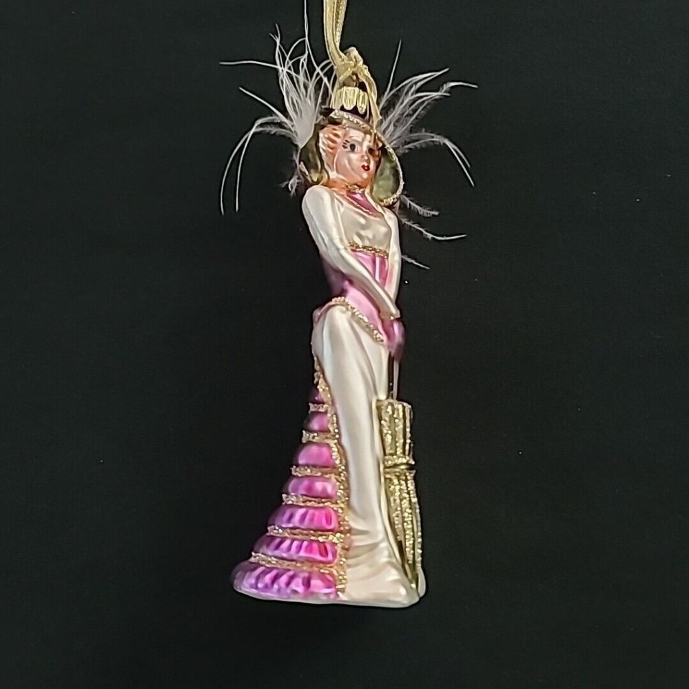 Christmas Ornament Victorian Woman VTG Purple Glass Glitter Feather Metallic